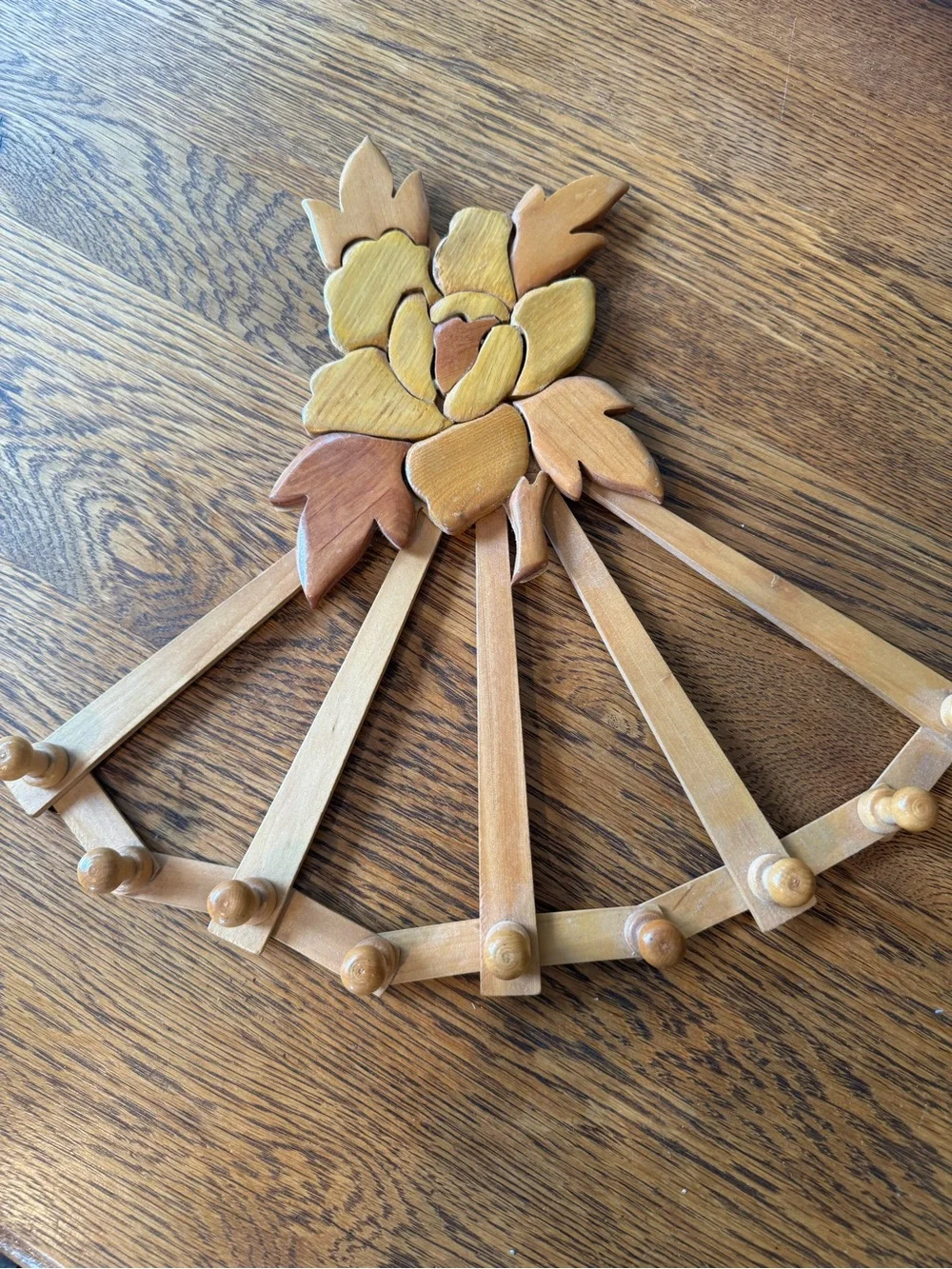 Vintage Accordion Wooden Peg Floral Fan Wall Hook Coat Purse Rack
